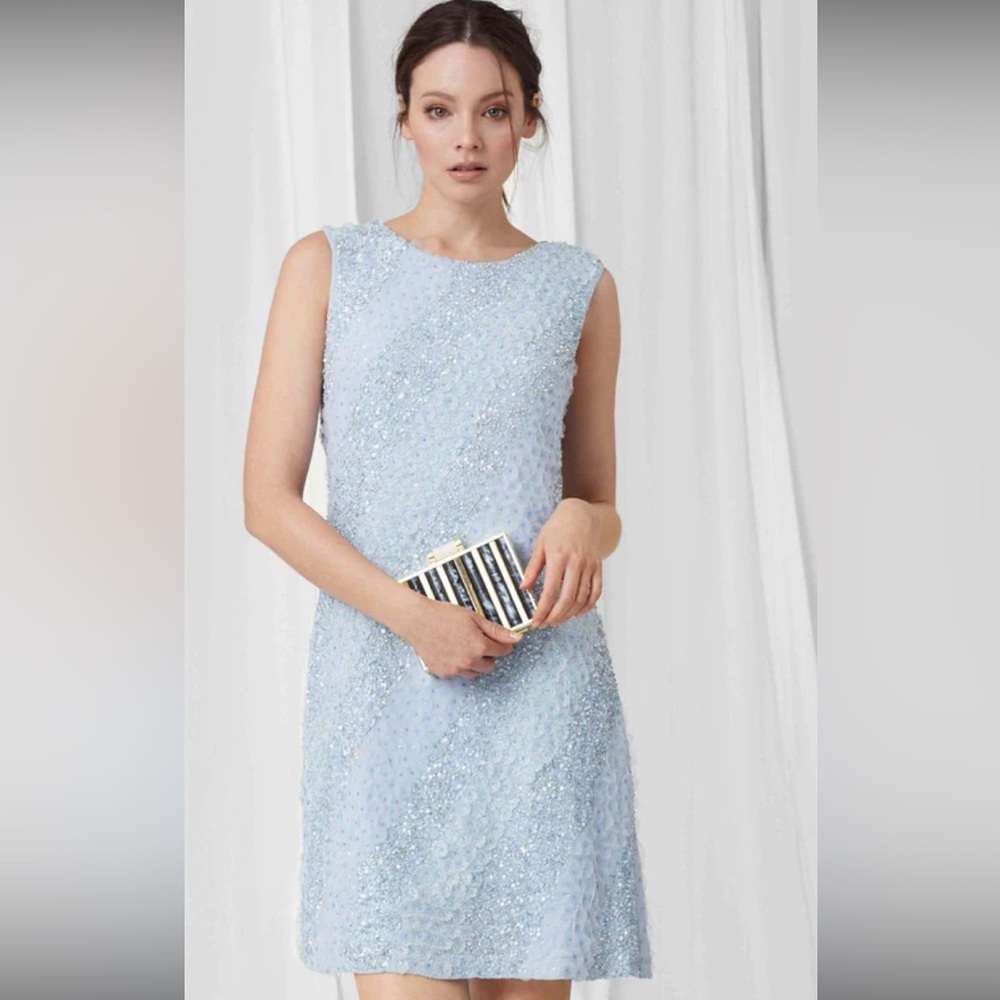 European designer light blue dress, embroidered with silver and blue sequins